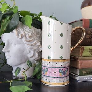 Anthropologie The Bistro Tile Stoneware Pitcher Floral and Butterfly Ceramic